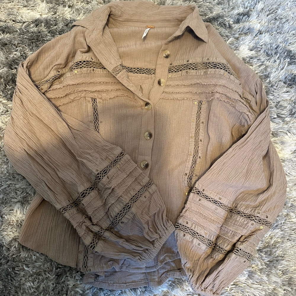 Free People Women's Tan Button-Up Blouse